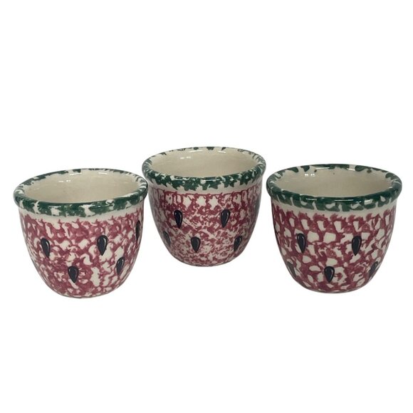 Henn Pottery Handpainted Ceramic Custard Cups Watermelon Spongeware - Picture 1 of 6